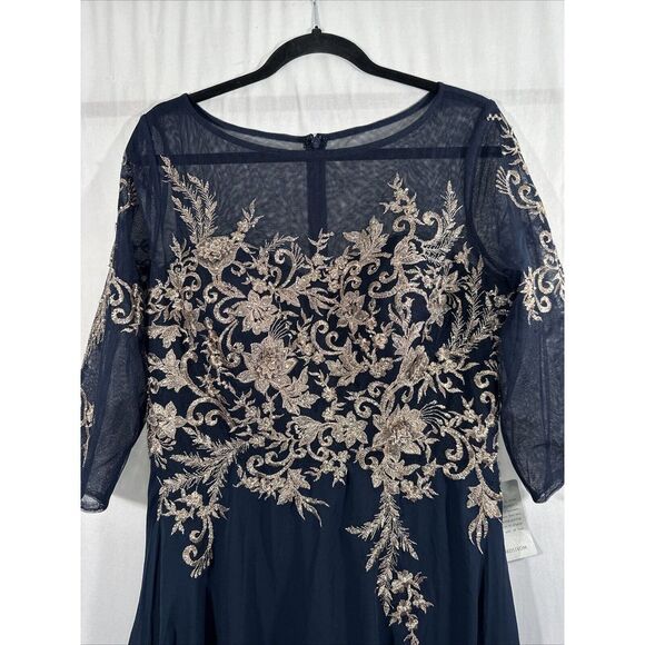 NEW $299 Betsy & Adam [ 12 ] Brooklyn‎ Metallic Embroidered Gown Navy Blue Rose - Picture 9 of 14
